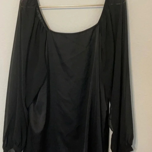 City Chic Black Satin Body with Sheer Long Sleeve Scoop Neck Blouse - Picture 4 of 10